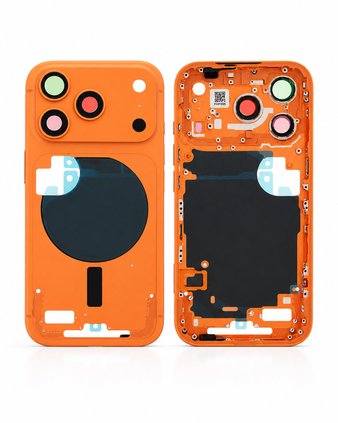 An orange replacement phone case frame shown from both the front and back views, featuring a large circular MagSafe-compatible ring area and camera cutouts, on a white background.
