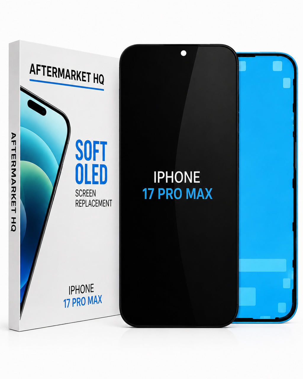 Aftermarket HQ iPhone 17 Pro Max screen replacement kit, showing the retail box, a black replacement screen, and a blue backplate on a white background.