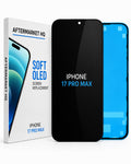Aftermarket HQ iPhone 17 Pro Max screen replacement kit, showing the retail box, a black replacement screen, and a blue backplate on a white background.