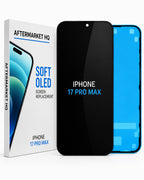 Aftermarket HQ iPhone 17 Pro Max screen replacement kit, showing the retail box, a black replacement screen, and a blue backplate on a white background.