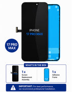 A replacement screen assembly and adhesive frame for an iPhone 17 Pro Max, shown on a white background with a 'What's in the box' summary and installation warning.