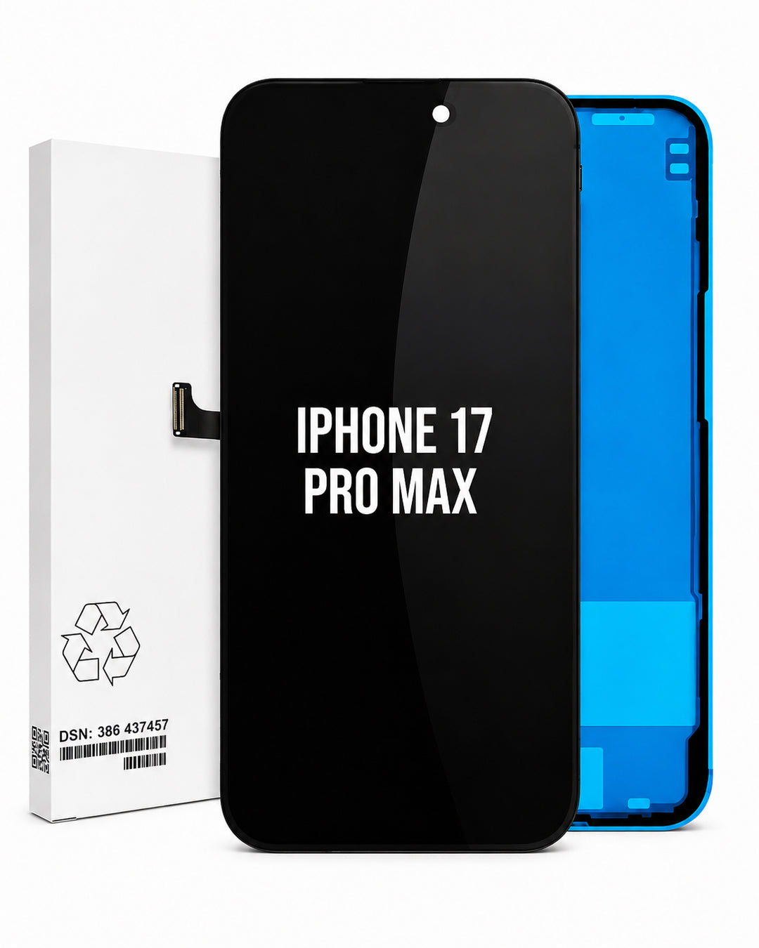 A replacement front glass display panel for an iPhone 17 Pro Max, shown with its white packaging box on the left and the blue inner panel backing on the right. The front glass panel is black with white text reading 'IPHONE 17 PRO MAX'.