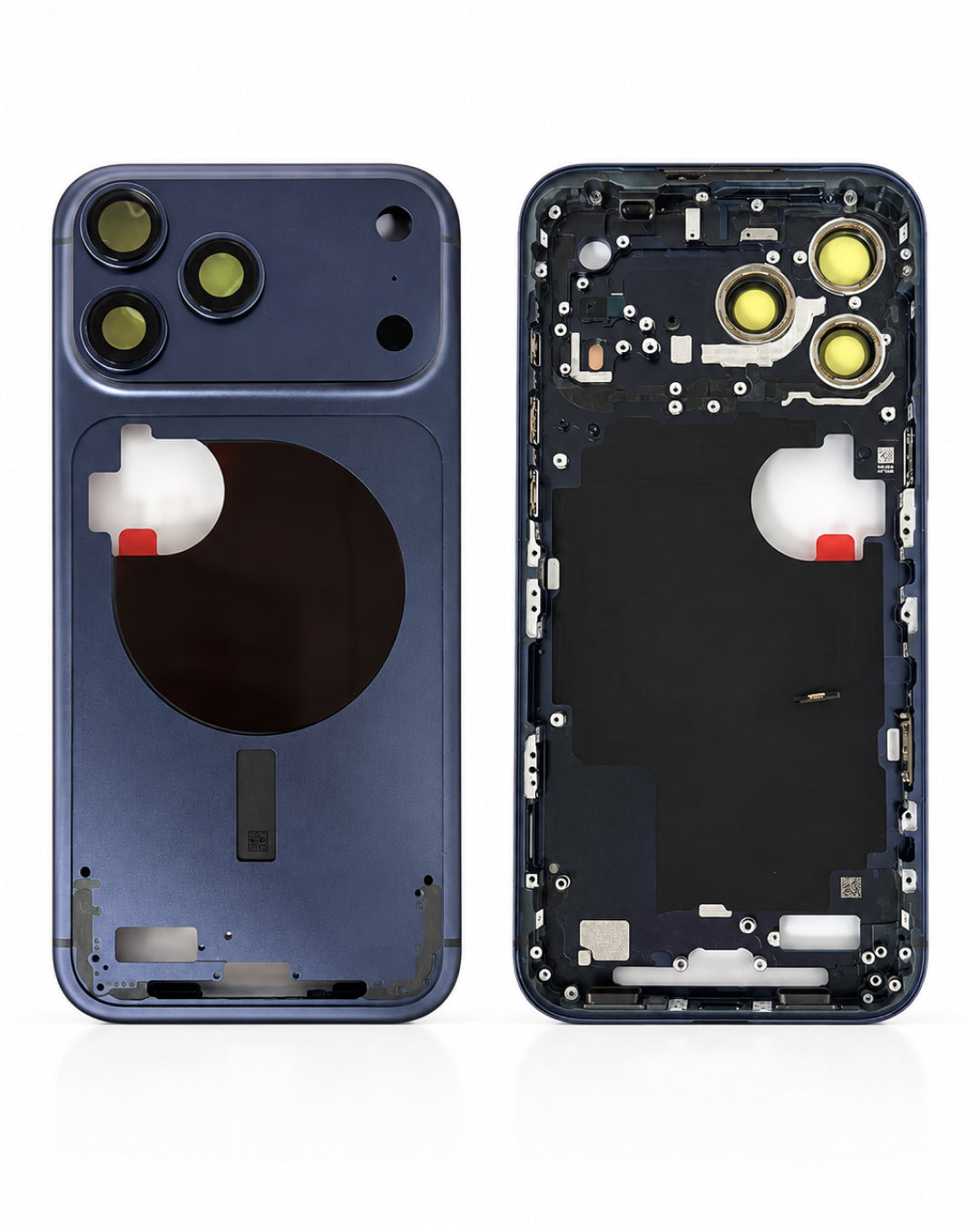 A blue smartphone case shown from both the back and the front interior side, displayed side-by-side on a clean white background.