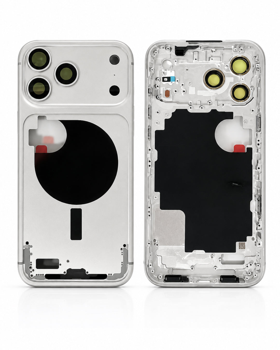 A transparent phone case shown from both the back and front angles, revealing the internal structure, camera cutouts, and adhesive pads.