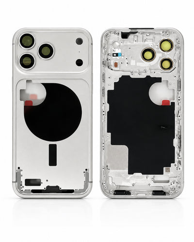 A transparent phone case shown from both the back and front angles, revealing the internal structure, camera cutouts, and adhesive pads.