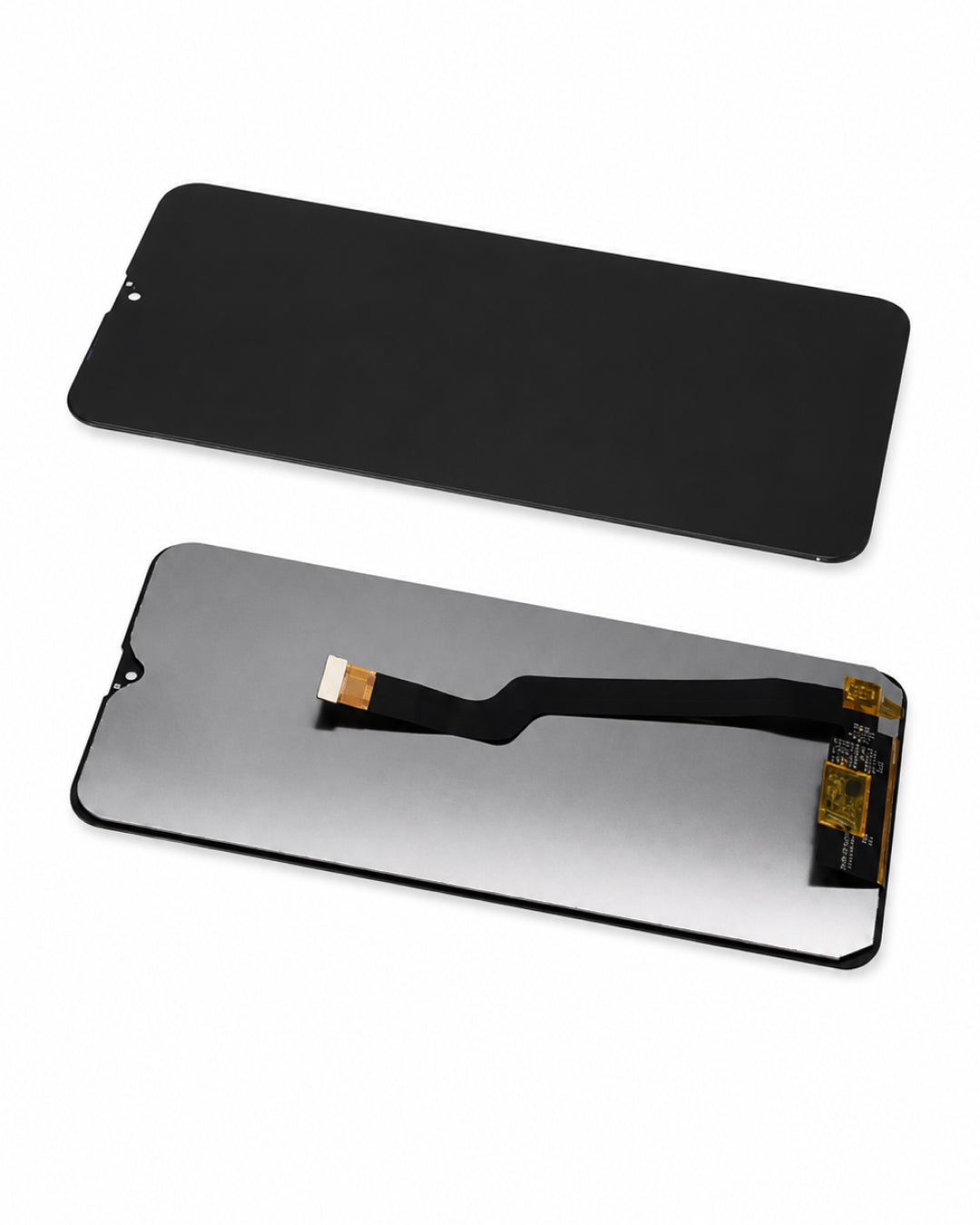 A replacement smartphone display screen shown from both sides: the front black glass panel at the top and the back metallic silver panel with flex cable at the bottom, photographed on a clean white background.