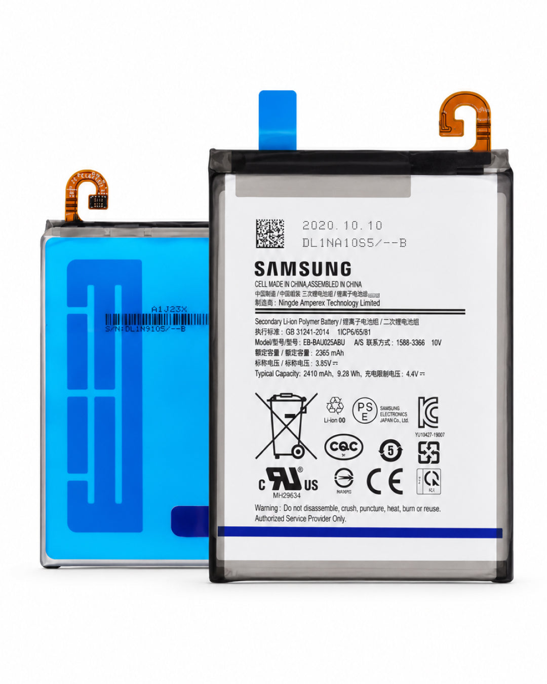 Two Samsung replacement lithium-ion batteries, DLN100S, shown on a white background. One battery is oriented to show the blue positive terminal and orange copper connector, while the other shows the white negative terminal and orange copper connector.