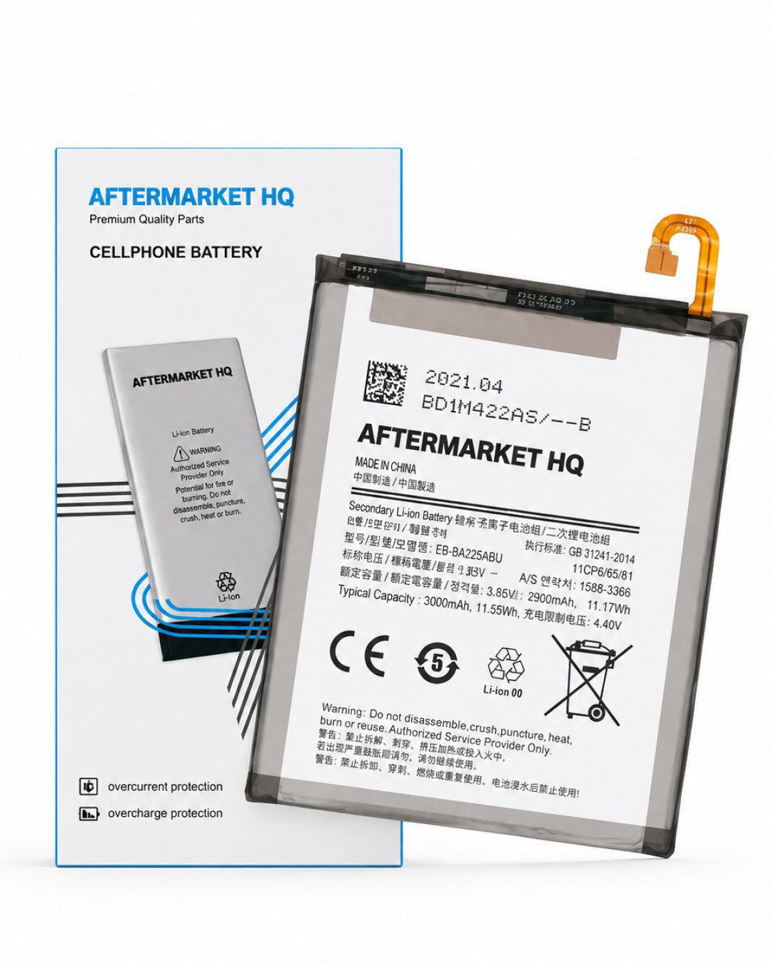 A replacement smartphone battery by AFTERMARKET HQ, shown both inside its retail box and as a loose battery. The battery is primarily white with black text and a small orange connector tab on the right side.