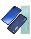 A Samsung mobile phone battery replacement pack showing the blue back plate, the internal battery compartment frame, and a mint green 'mobile SERVICE PACK' card on a white background.