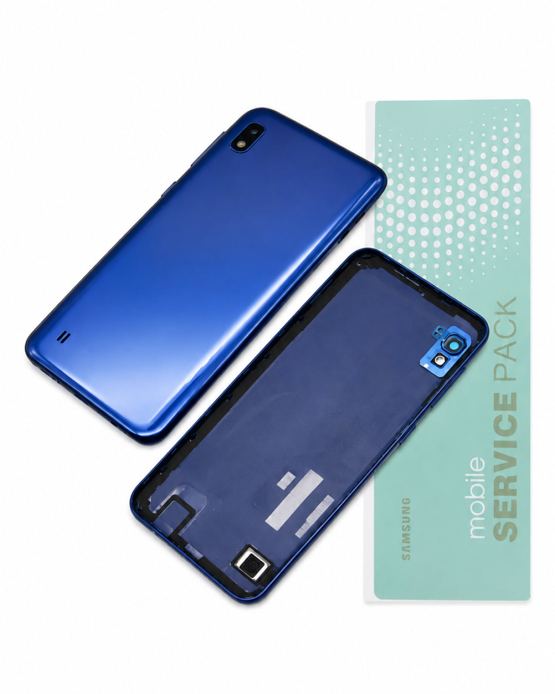 A Samsung mobile phone battery replacement pack showing the blue back plate, the internal battery compartment frame, and a mint green 'mobile SERVICE PACK' card on a white background.