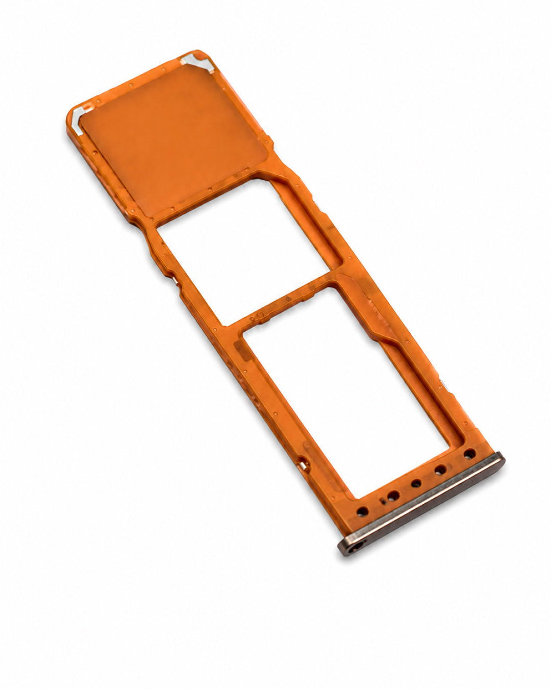 An orange plastic SIM card tray adapter with a silver metal contact strip, shown on a plain white background.