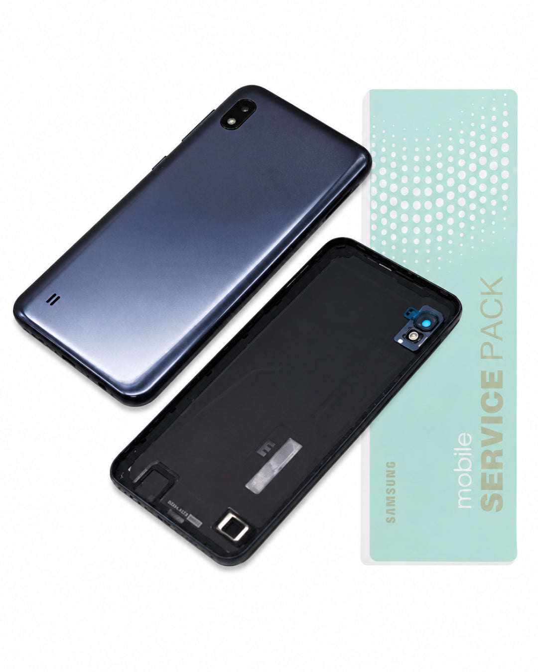 Samsung mobile service pack showing two smartphone back views, one blue and one black, alongside a mint green card labeled 'SAMSUNG mobile SERVICE PACK'.