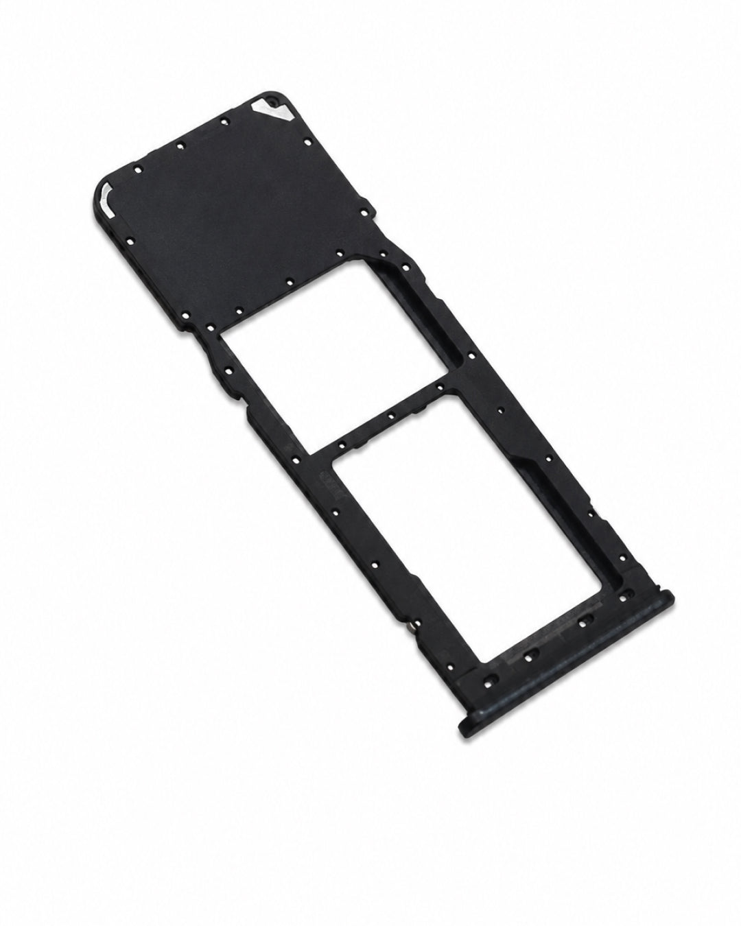 A black plastic dual SIM tray adapter for mobile phones, shown on a plain white background.