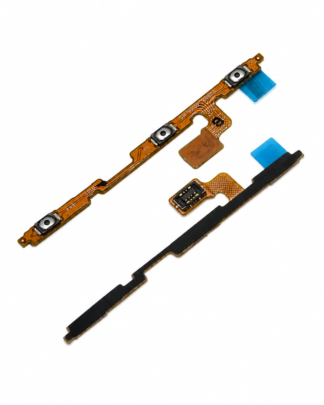 A replacement flex cable assembly for a smartphone, showing the gold-toned copper PCB with camera lens cutouts, a small black connector module, and a long black protective strip, isolated on a white background.