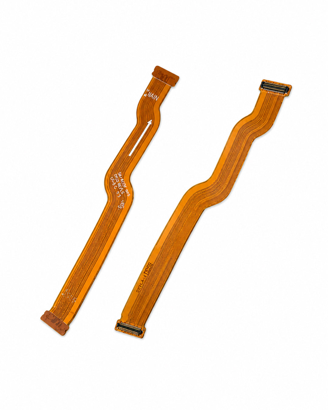 Two orange flex cable connectors for an electronic device, displayed on a clean white background.
