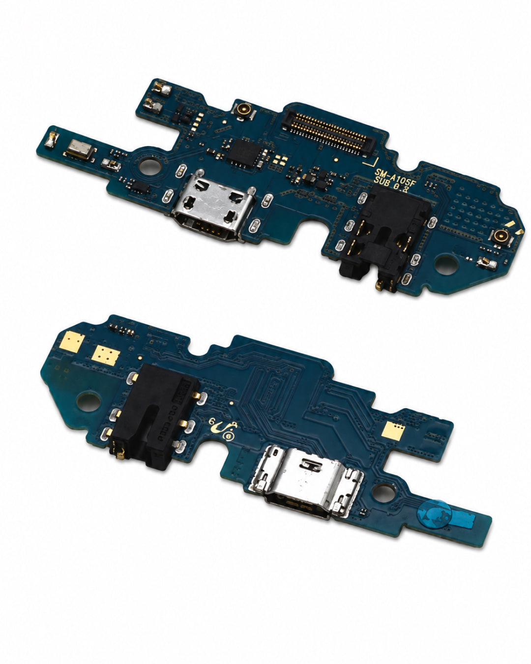 Two replacement phone charging port flex circuits with USB-C and USB-A connectors on a white background.