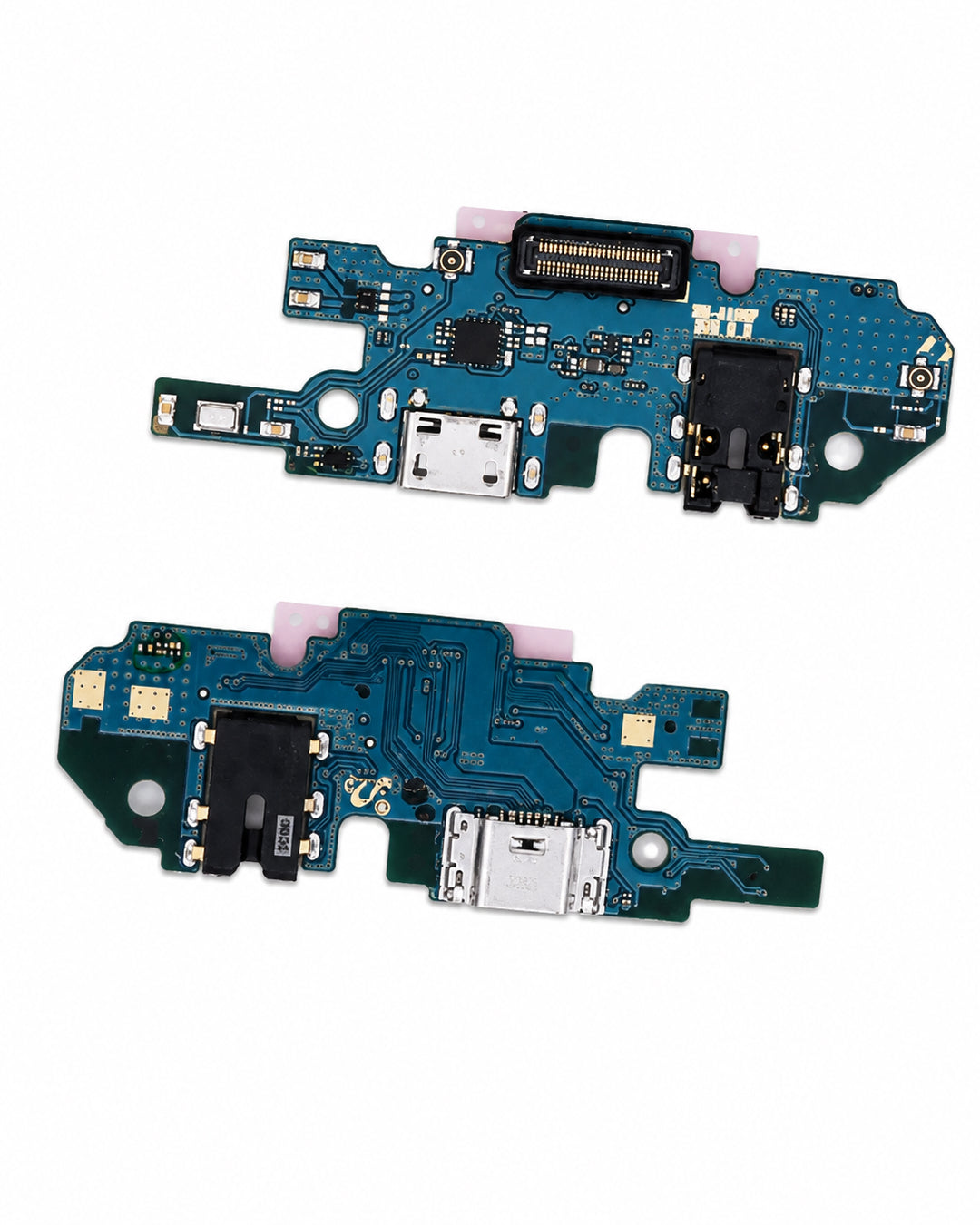 Two replacement phone charging port circuit boards with USB-C and USB 2.0 connectors, shown on a white background.