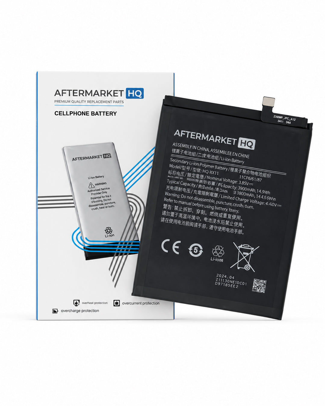 A black Aftermarket HQ replacement phone battery shown in front of its white retail box on a clean white background.