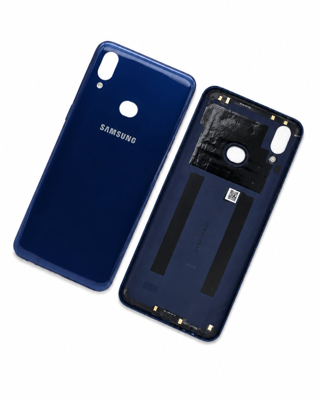 A pair of blue Samsung smartphone back covers, one showing the glossy exterior with the white SAMSUNG logo and the other showing the interior side with adhesive patches and contact points, on a white background.