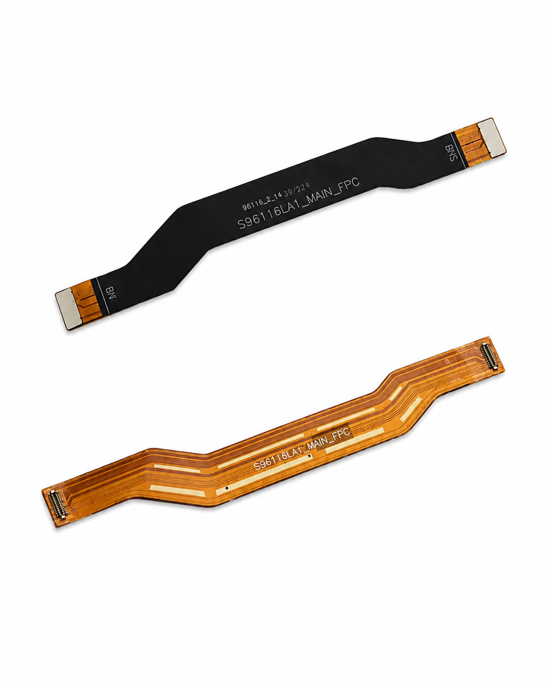 Two flexible flat cables (FFC) for an electronic device, shown from both sides (black printed side and copper-gold plated side) on a white background.