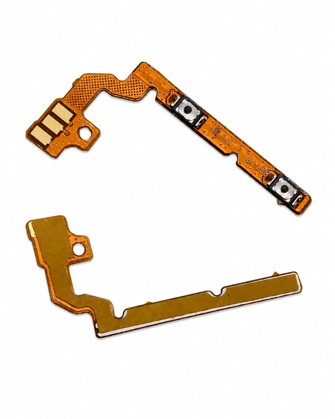 Two replacement flex cable components for a smartphone, one with gold-plated contacts and one with silver-plated contacts, shown on a white background.