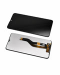 A replacement smartphone display screen assembly shown in two views: one with the black front glass panel and one with the mirrored back and attached flex cable, on a white background.