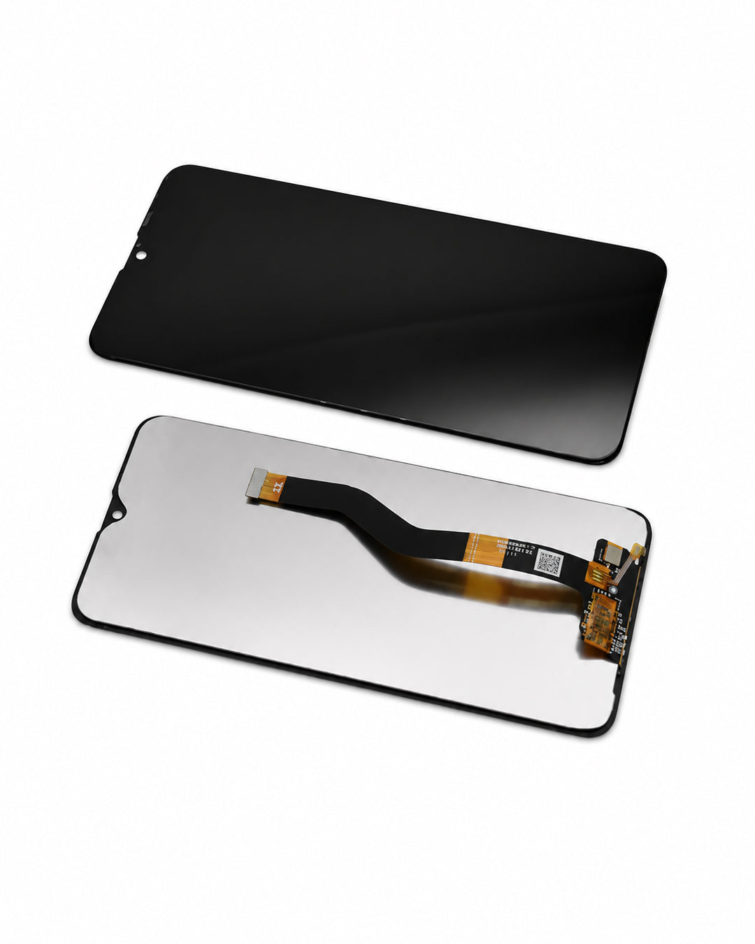 A replacement smartphone display screen assembly shown in two views: one with the black front glass panel and one with the mirrored back and attached flex cable, on a white background.