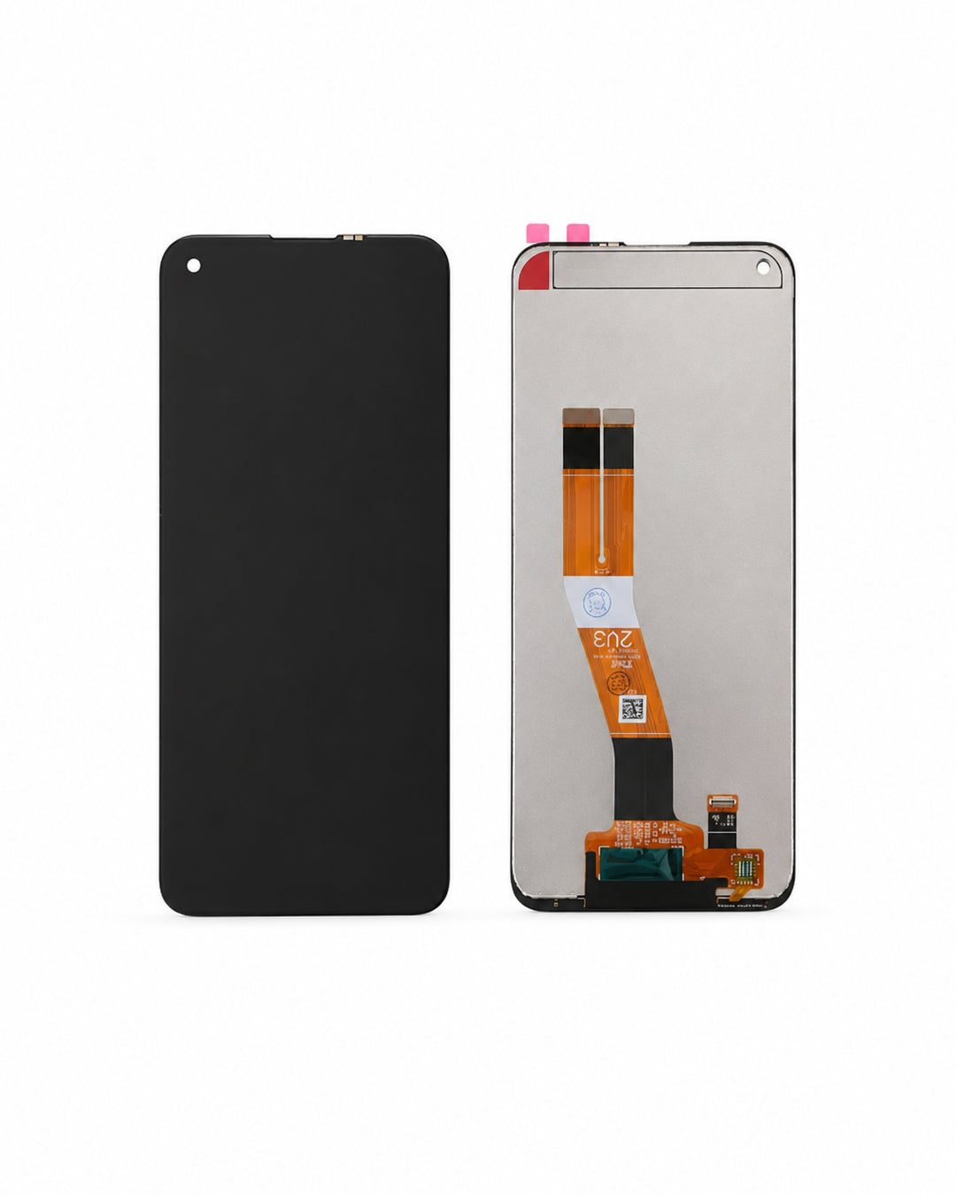 A replacement smartphone display screen and frame assembly shown from two angles: a solid black front panel on the left, and the inner metallic frame with orange flex cables on the right, set against a plain white background.