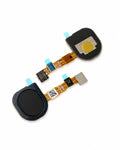 A replacement flex cable assembly for a smartphone, featuring two black circular touch sensor pads, gold-plated metal contacts, and light blue protective tape on a clean white background.