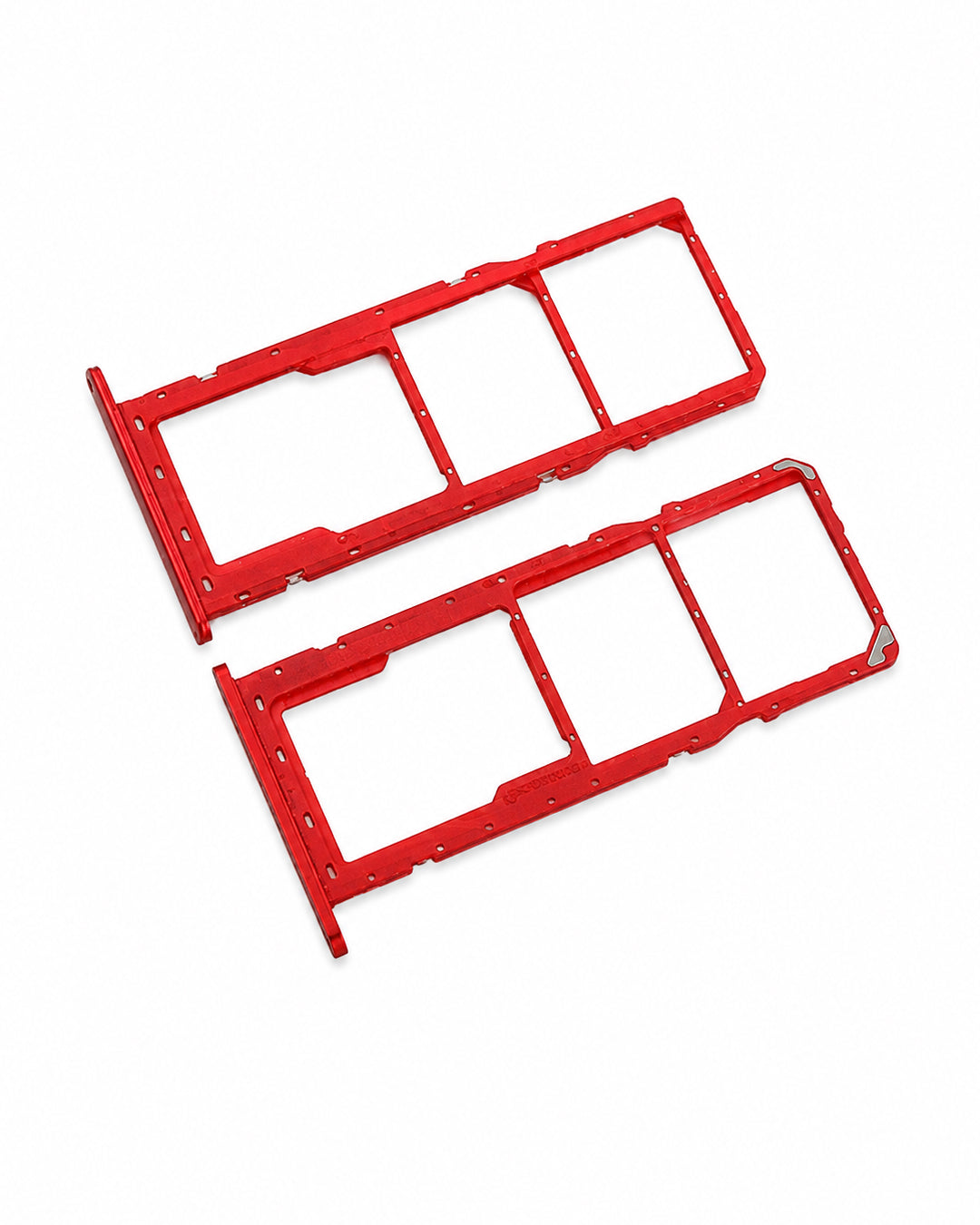 Two red plastic SIM card tray inserts for mobile phones, shown on a clean white background.
