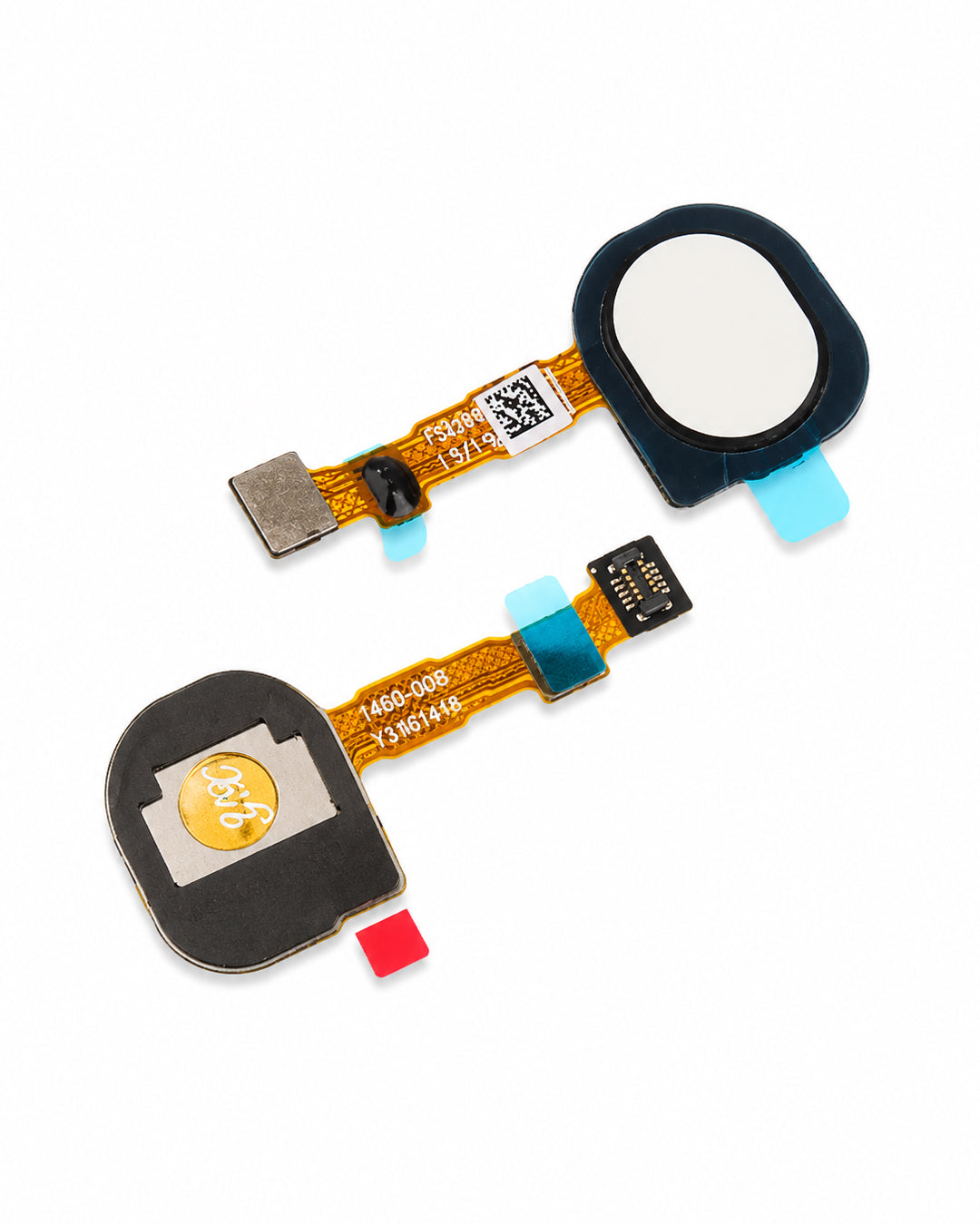 Two replacement touch screen flex cables for a smartphone, featuring black circular glass panels, gold ribbon cables with printed technical specifications, and protective blue and red adhesive pads, shown on a white background.