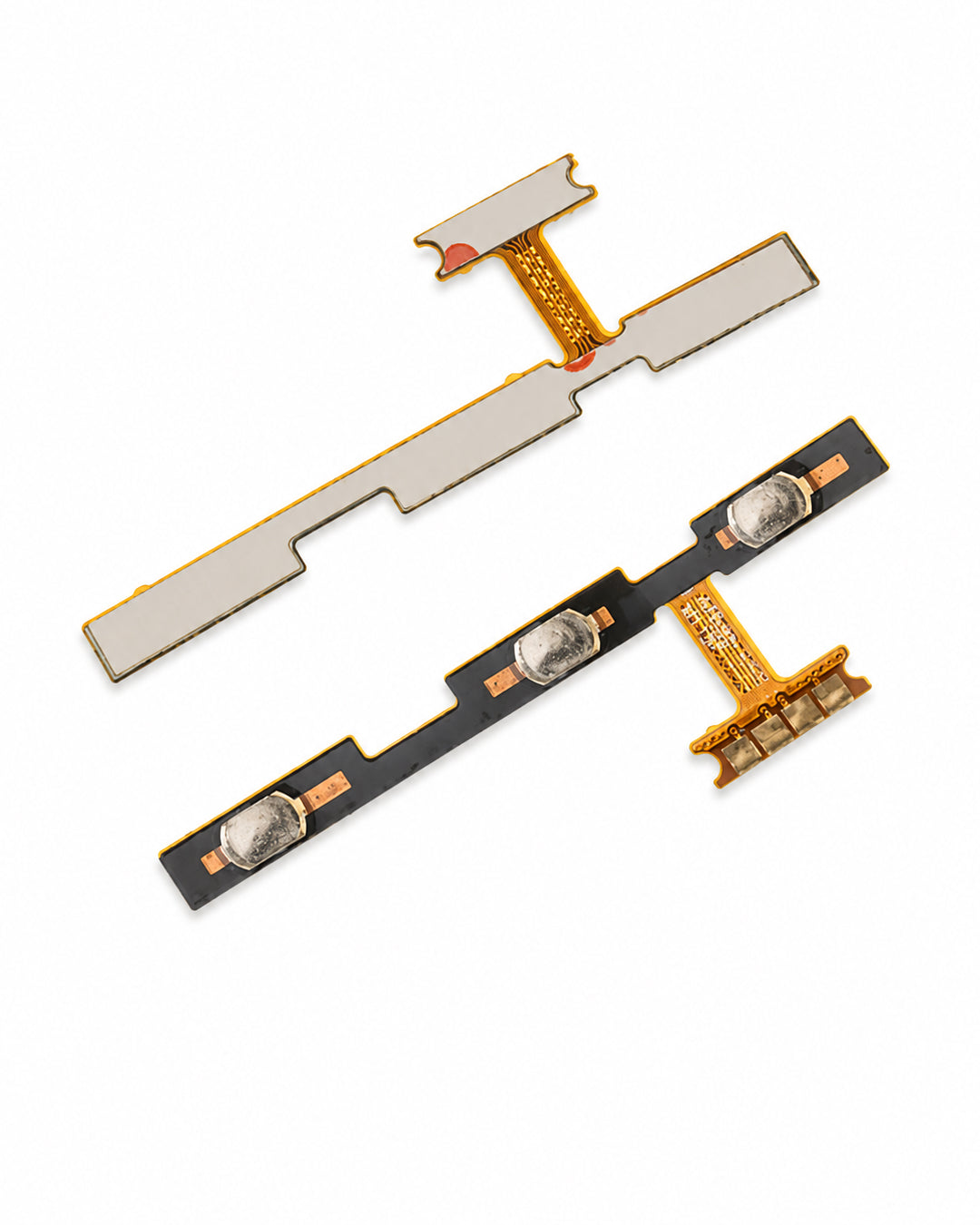 Two replacement flex circuitry components for a mobile phone, one with silver-colored pads and one with black and silver-colored pads, on a solid white background.