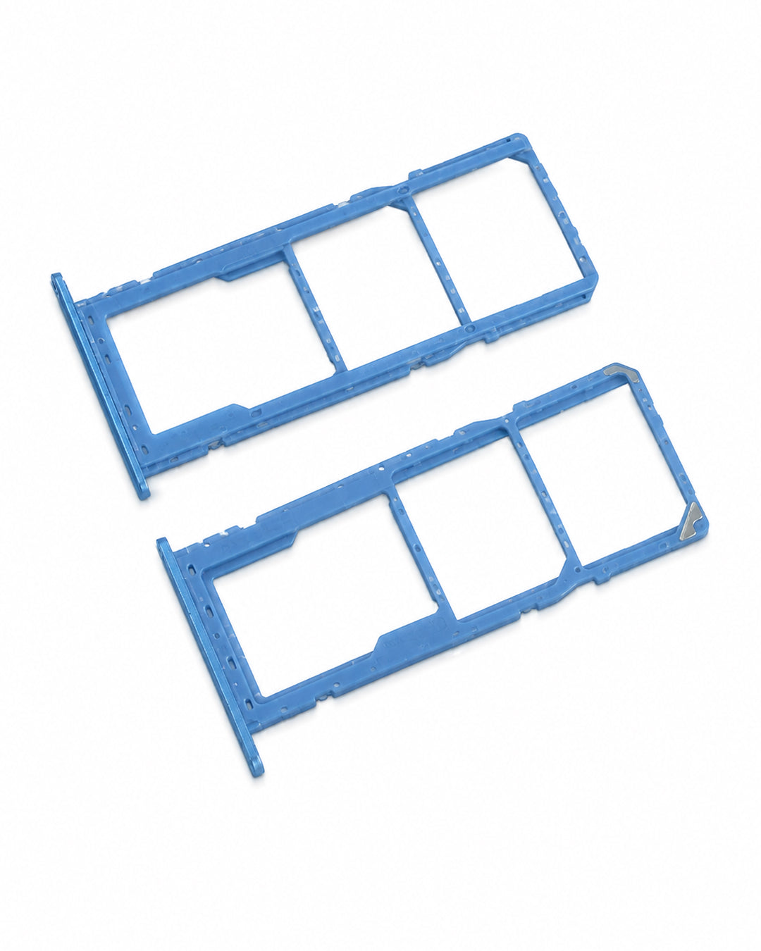 Two blue plastic SIM card tray inserts shown on a plain white background.