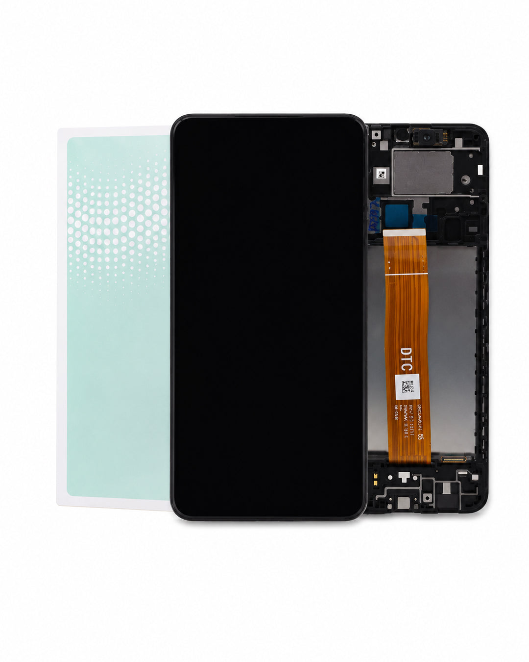 A replacement smartphone front glass display panel with its black screen, shown alongside a light blue protective film and the internal black frame with an orange flex cable. The brand 'DTC' is visible on the flex cable.