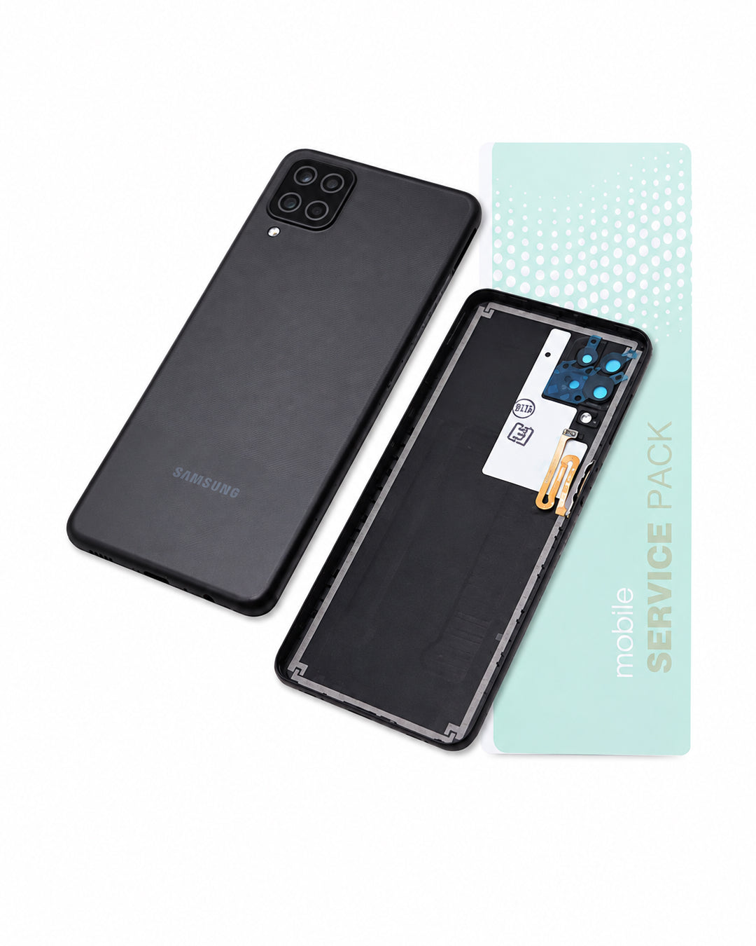 A Samsung smartphone shown from the back alongside its disassembled inner panel, with a mint green card labeled 'mobile SERVICE PACK' on a clean white background.