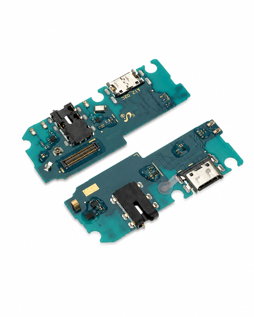 Two replacement phone charging port flex circuits with teal green PCBs, black plastic connectors, and gold-plated contacts, shown on a clean white background.