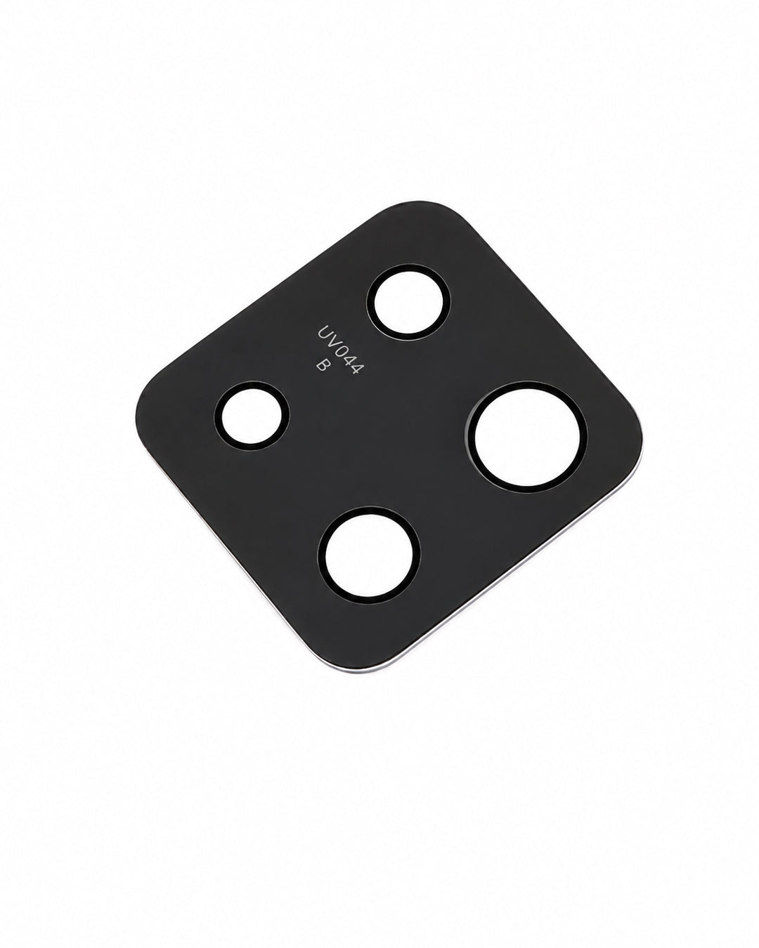 A black square camera lens protector plate with rounded corners and four circular cutouts, featuring the text 'Unibody' printed on one side, shown on a plain white background.