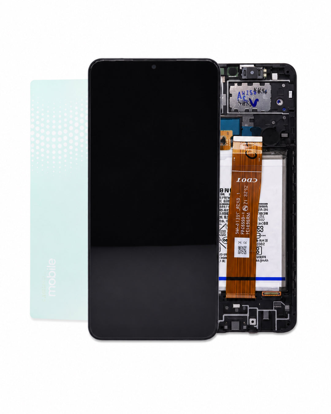 A replacement smartphone LCD screen assembly shown disassembled, featuring the black front glass panel, a pale mint replacement panel, and the black internal chassis with battery and flex cable.