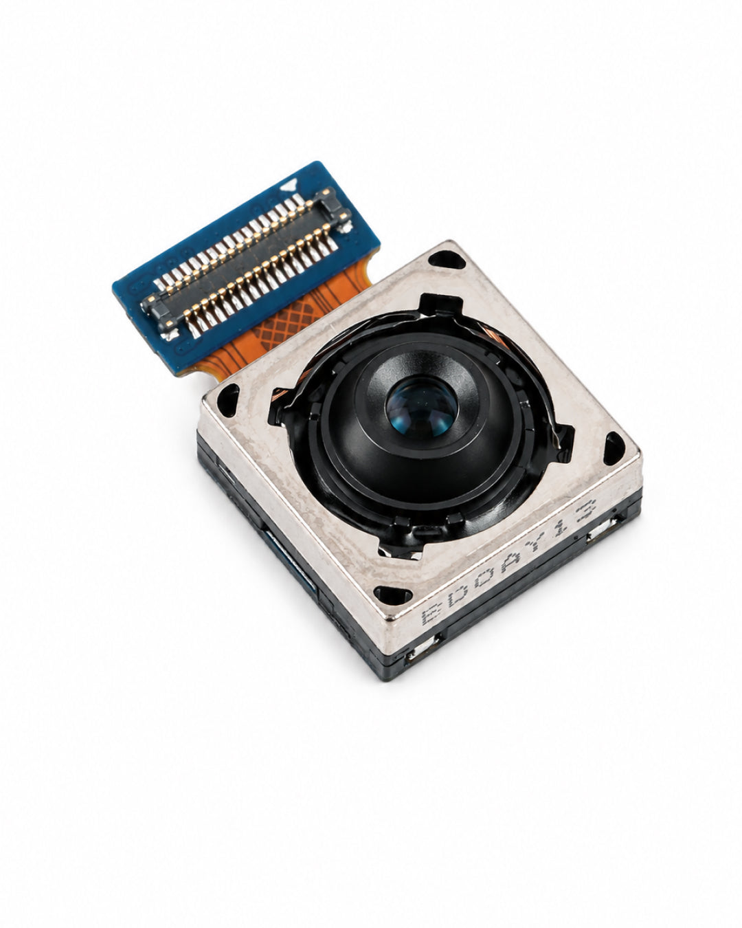 A square electronic camera lens module with a black lens, silver metal housing, and a blue connector cable, shown on a white background.
