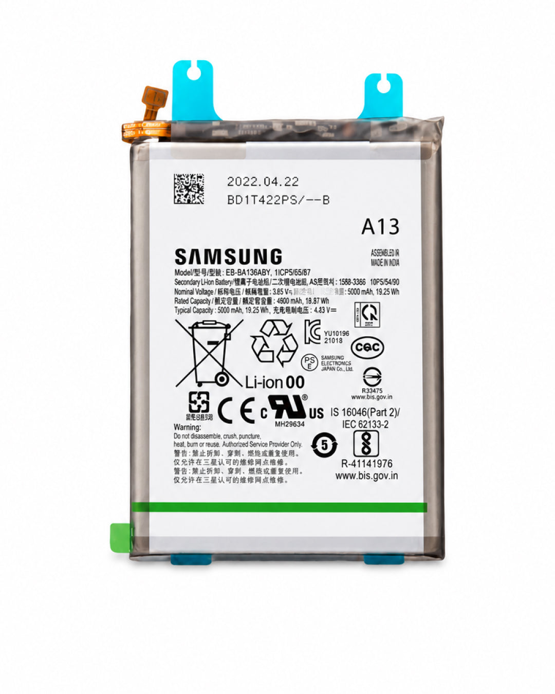 A Samsung A13 replacement lithium-ion battery with a clear protective casing, white printed label, and blue mounting clips on a white background.