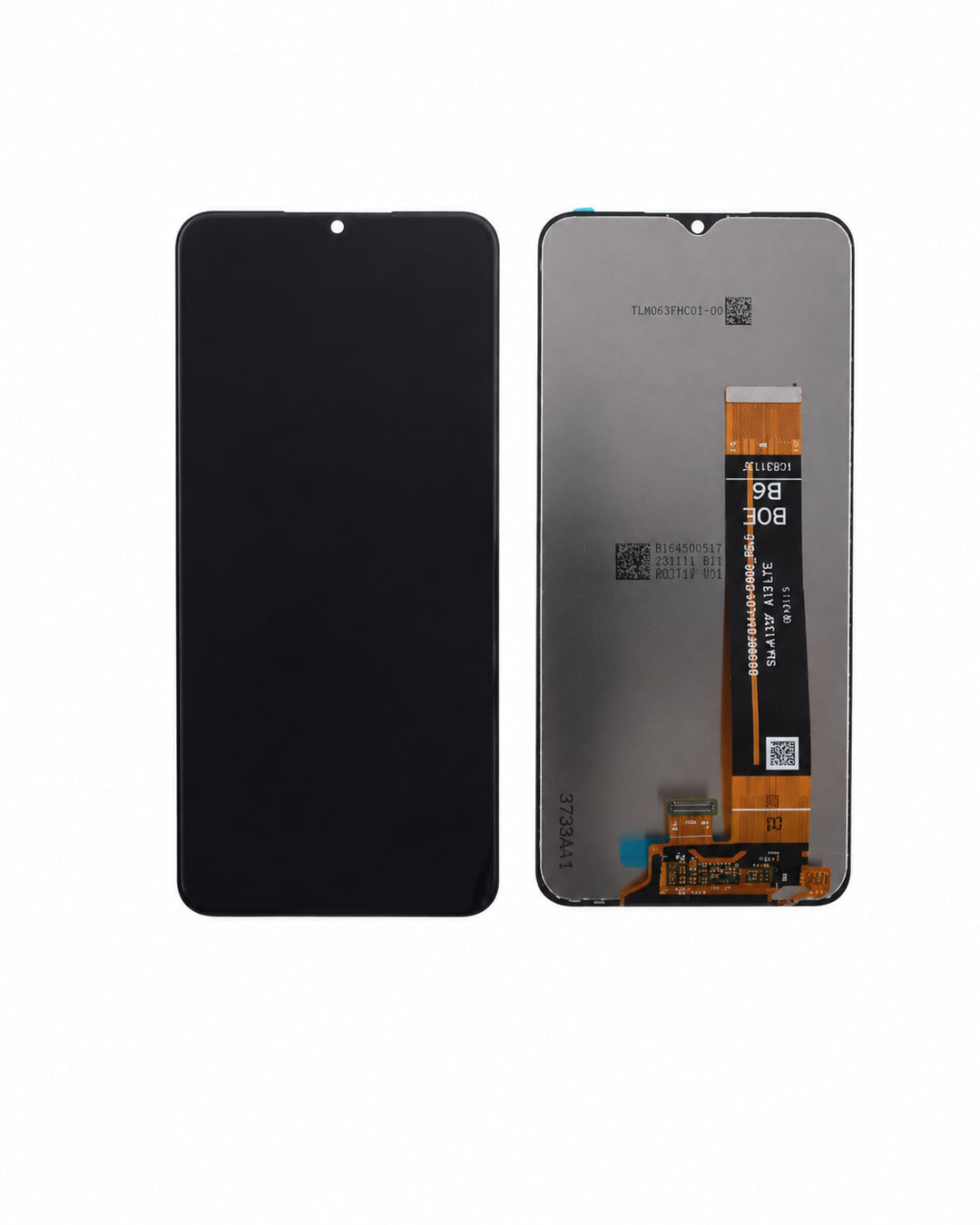 A replacement smartphone display panel shown from both the front and back. The front view shows a solid black screen, while the back view reveals the metallic glass panel, a flexible ribbon cable with orange and black components, and small printed text.