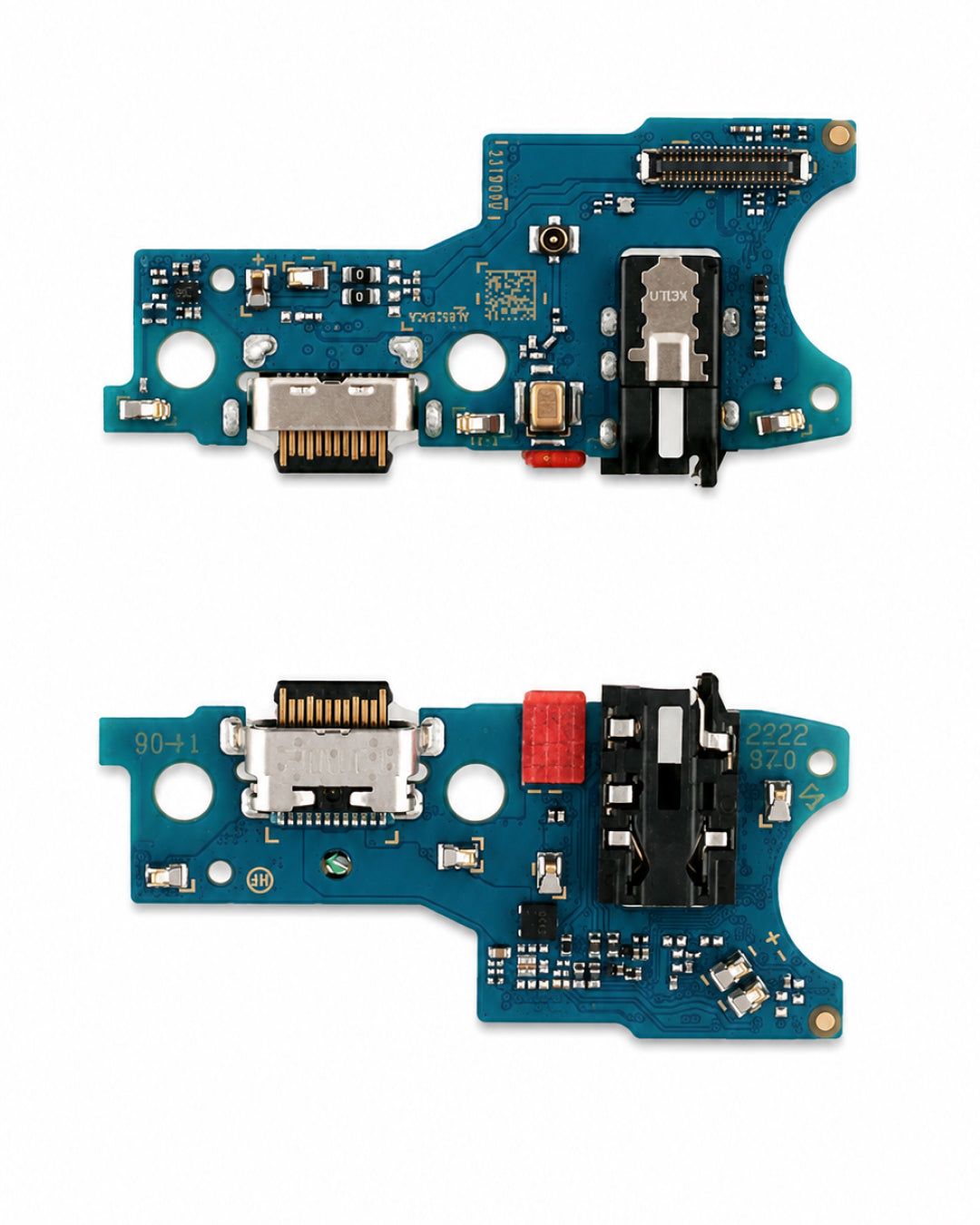 A replacement phone charging port board shown from both sides against a white background. The board is teal blue with various electronic components, connectors, and a red plastic switch.