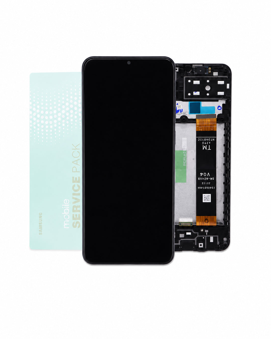 A replacement smartphone LCD screen assembly shown disassembled, with the black front panel on the left and the exposed internal components on the right, alongside a light blue 'mobile service pack' card on a white background.