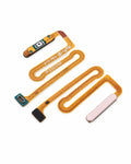 Three gold flexible circuitry ribbon cables with various electronic connectors and a pink metallic strip, laid out on a white background.