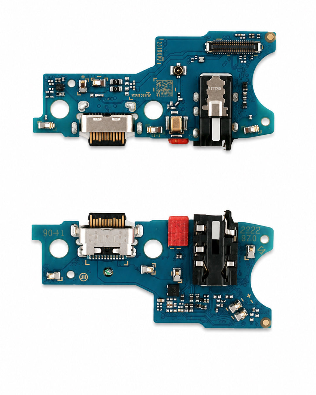 Two replacement electronic circuit boards for a charging port, shown from opposite sides on a white background. One board features a gold-plated USB-C connector, while the other shows the silver-plated USB-C connector side, along with a red switch and black port cover.