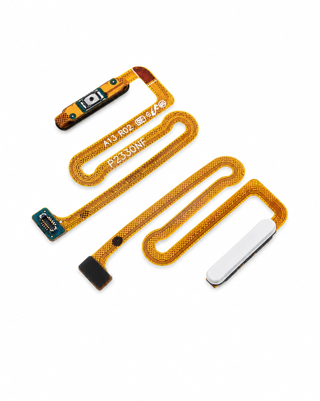 A replacement smartphone flex cable assembly with a gold ribbon cable, a small camera/sensor module, a blue connector, and a white rectangular component, laid out on a white background.