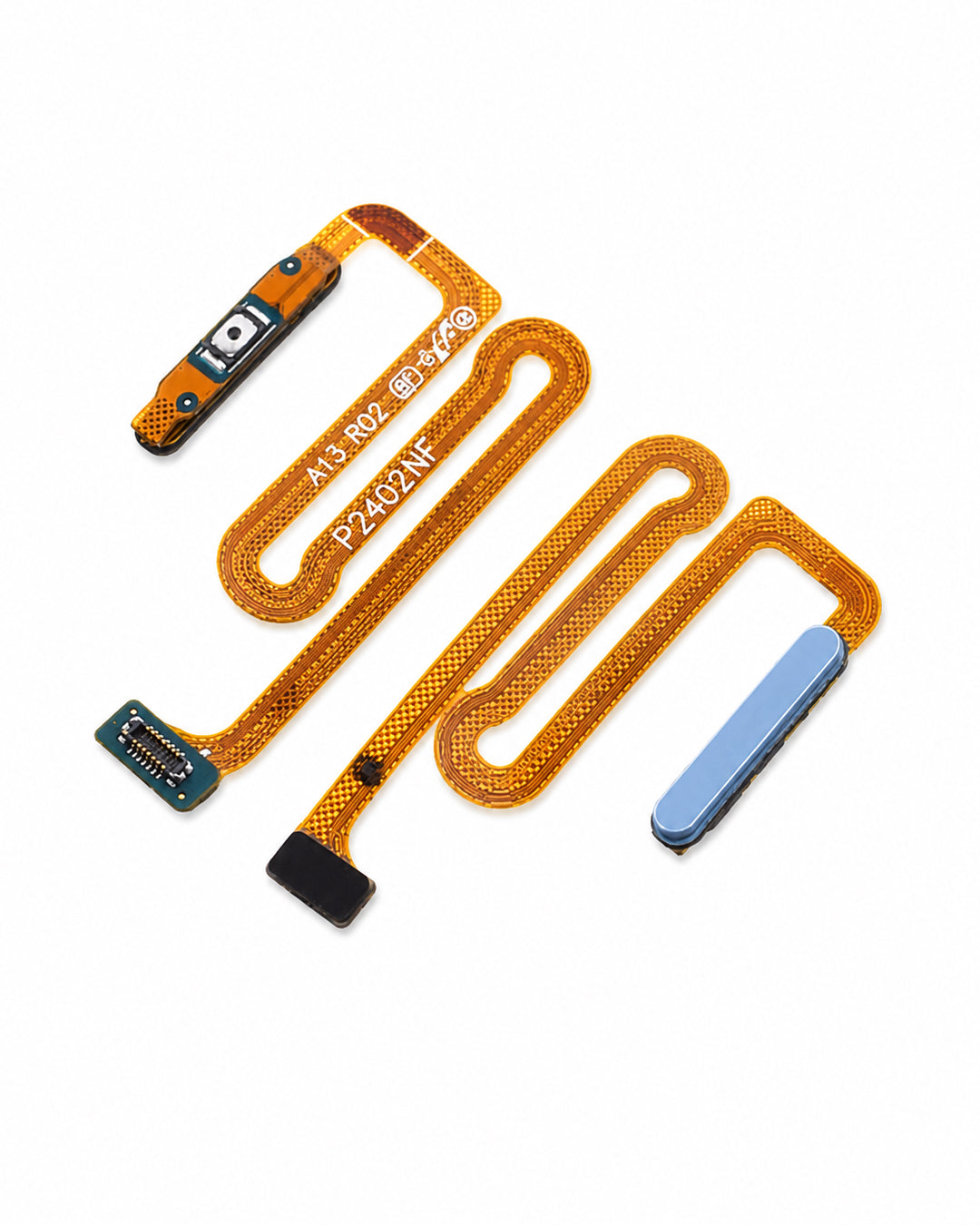 A replacement flex cable assembly for a mobile phone, featuring a long, coiled orange-gold ribbon cable with a built-in camera lens, a black connector, and a blue plastic component, shown on a plain white background.