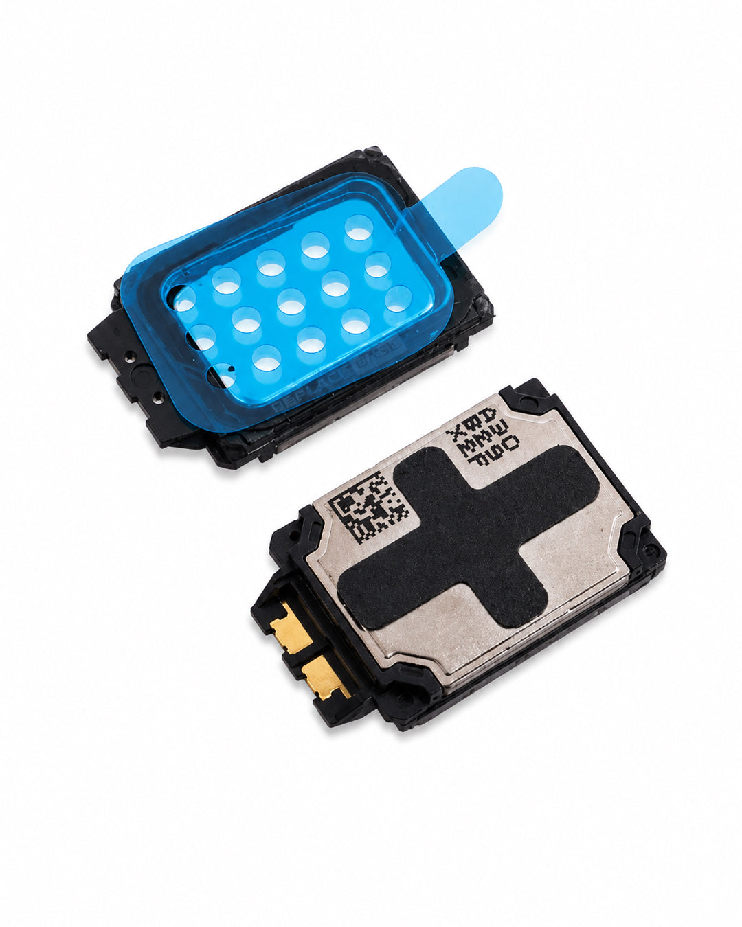 Two small electronic components shown on a white background, one with a translucent blue protective cover and a blue tab, and the other with a metallic silver cross-shaped element and gold connector pins.
