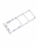 A white plastic dual SIM tray card slot frame for mobile phones, featuring printed labels for microSD, SIM1, SIM2, ACC, and TOP on a clean white background.