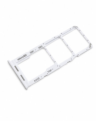 A white plastic dual SIM tray card slot frame for mobile phones, featuring printed labels for microSD, SIM1, SIM2, ACC, and TOP on a clean white background.